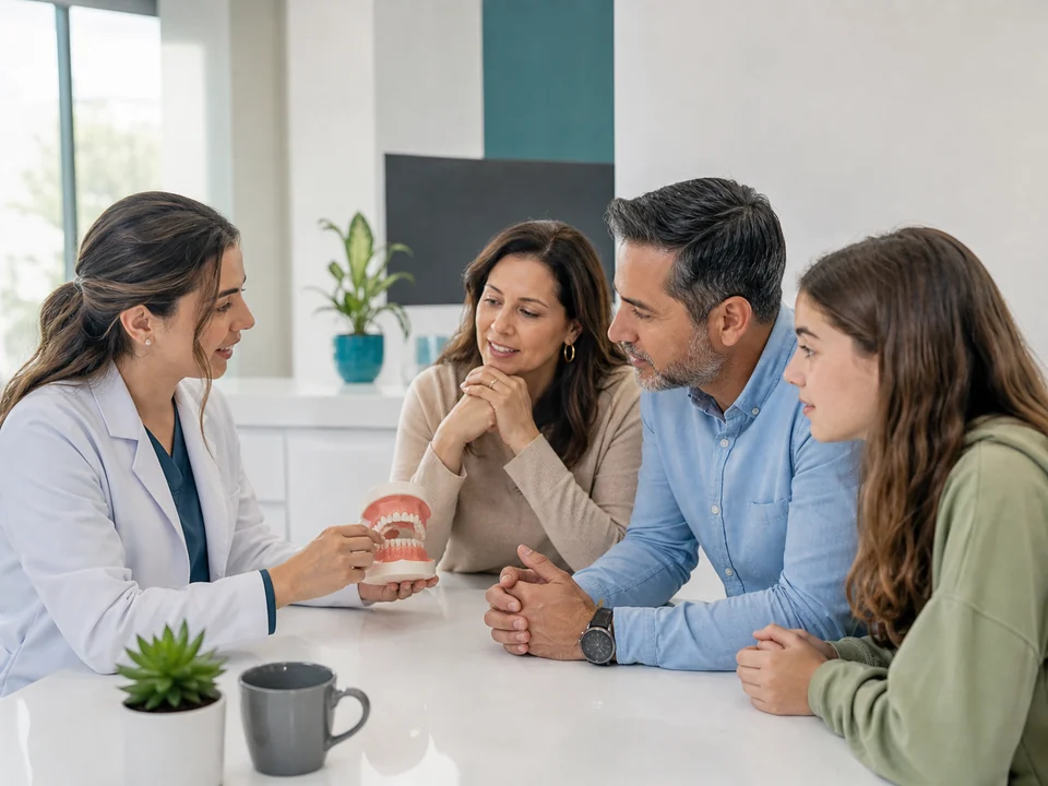 Familia conversando con una profesional dental en un consultorio moderno