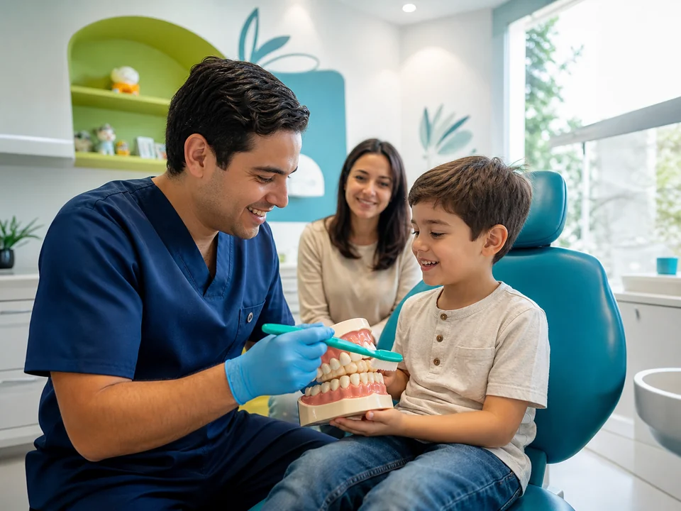 Niña acompañada por su familia durante una visita dental amable